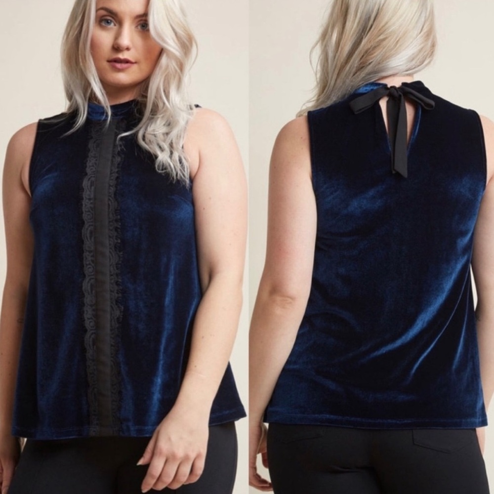 Modcloth NWOT Sleeveless Navy Blue Velvet Top w/ Lace Detail and Ribbon Bow Back